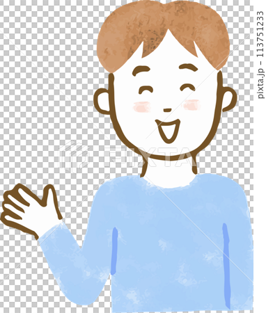 手繪上半身插圖,一個男人微笑著,擺出「請」的姿勢 手繪上半身插圖,一個男人微笑著,擺出「請」的姿勢 113751233