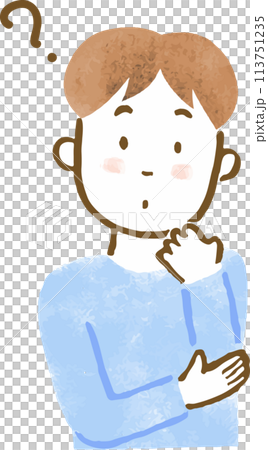 Illustration of a man's upper body with his hand on his cheek and a question mark floating above his head 113751235