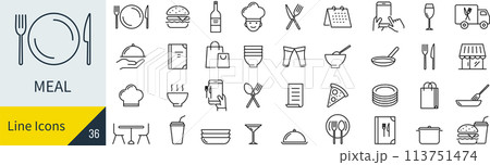 ベクターの食事の線画アイコンセット ベクターの食事の線画アイコンセット 113751474