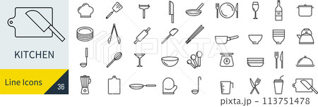 ベクターのキッチンの線画アイコンセット 113751478