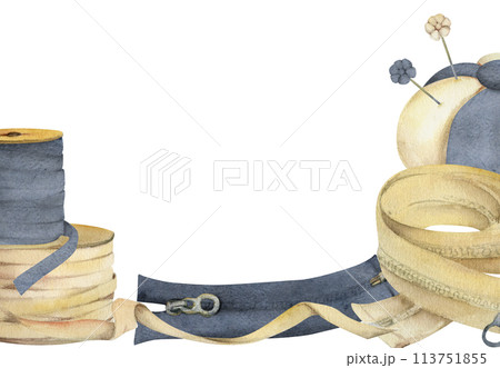 Hand drawn watercolor illustration sewing craft supplies. Clothes zippers, ribbon bobbins, textile pin cushion with needles. Frame isolated on white background. Design atelier, tailor, hobby shop 113751855