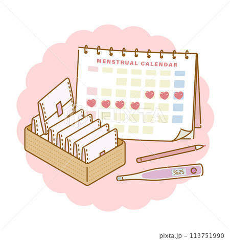 女性の健康：生理用品（ナプキン・婦人体温計）と月経カレンダーのイメージセット 113751990