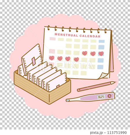 女性の健康：生理用品（ナプキン・婦人体温計）と月経カレンダーのイメージセット 113751990