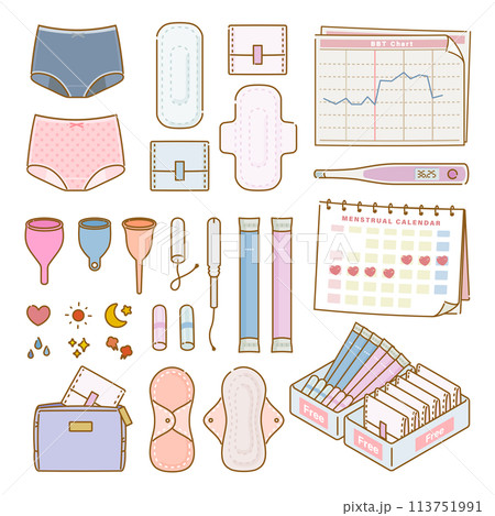 女性の健康：生理用品イメージとアイコンのセット 113751991