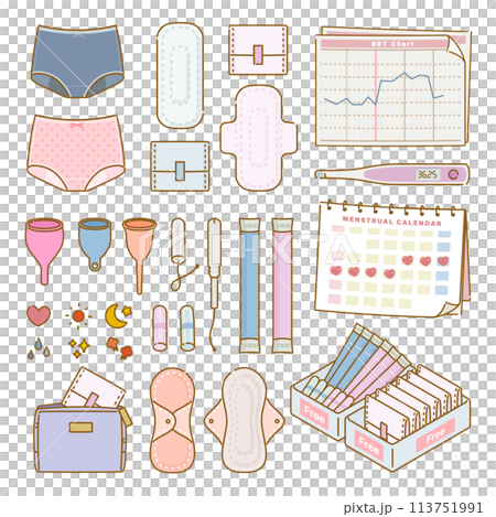 女性の健康：生理用品イメージとアイコンのセット 113751991