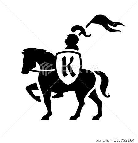 Knight riding a horse with a shield and flag logo. Knight riding a horse with a shield and flag logo. 113752164