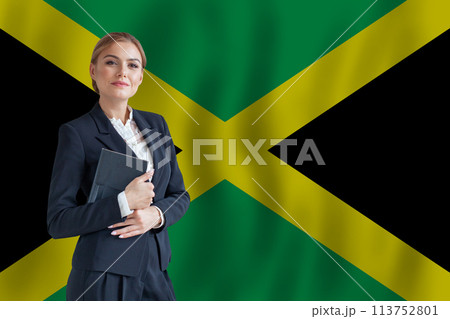 Jamaican businesswoman on the flag of Jamaica digital  nomad, business, startup concept 113752801