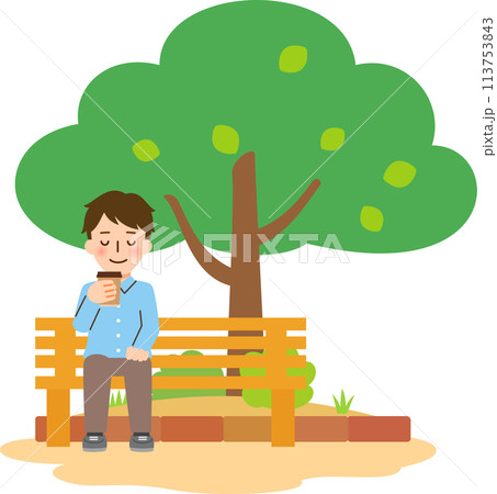 公園のベンチに座ってドリンクを飲む男性 113753843
