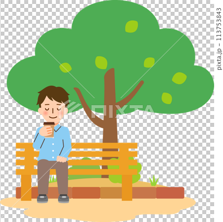 公園のベンチに座ってドリンクを飲む男性 113753843