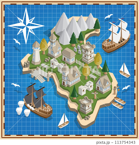Seascape. Medieval island. Isometric. Vector illustration. 113754343