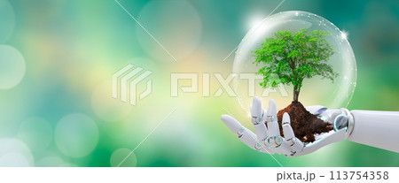 Growing tree in Robot hand with protection from crystal ball. Green background with bokeh. World mental health and World earth day. Artificial Intelligence, Saving environment and World Ecology. 113754358