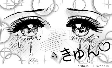 白黒・うるうるお目目で泣く少女の目元アップイラスト 113754370