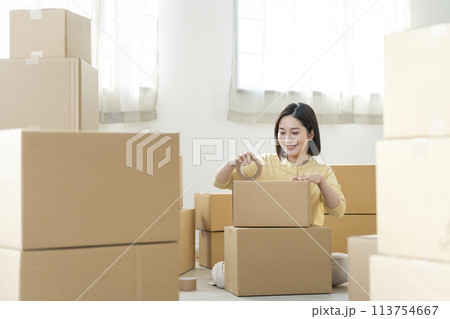 引越しイメージ　荷造りをする若い女性　 113754667