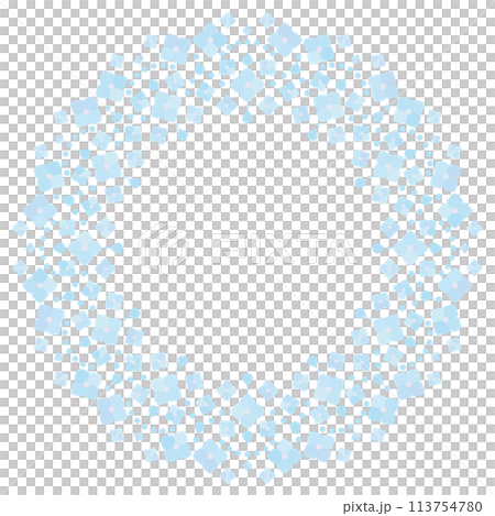 A circular frame with the image of blue hydrangeas and rain 113754780