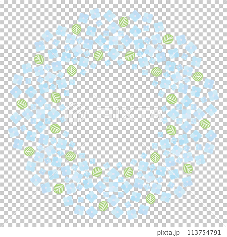 A circular frame with leaves inspired by blue hydrangeas 113754791