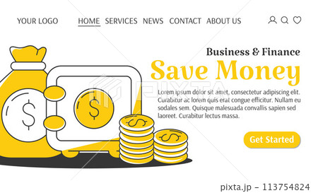 Money bag with cash, safe with money, stack of coins. Saving money creative concept. Business and finance template for website. For banner, landing page. Vector illustration, flat style 113754824