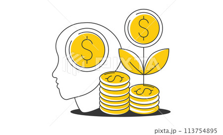 Silhouette of a head, a stack of coins and a growing money tree. Money thinking creative concept. Business and finance vector illustration, flat style. For banner, poster, sticker, icon, advertisement Silhouette of a head, a stack of coins and a growing money tree. Money thinking creative concept. Business and finance vector illustration, flat style. For banner, poster, sticker, icon, advertisement 113754895