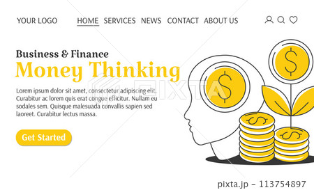 Silhouette of a head, a stack of coins and a growing money tree. Money thinking creative concept. Business and finance template for website. For banner, landing page. Vector illustration, flat style Silhouette of a head, a stack of coins and a growing money tree. Money thinking creative concept. Business and finance template for website. For banner, landing page. Vector illustration, flat style 113754897