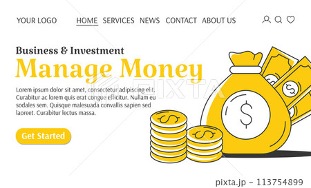 Money bag with cash and stack of coins. Manage money creative concept. Business and finance template for website. For banner, landing page. Vector illustration, flat style 113754899