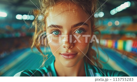 A gymnast prepares to perform at the Olympics in front of an audience, flags and lights illuminate her perfect performance 113755283