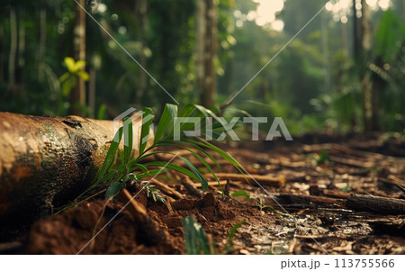 A serene forest scene, sunlight filters through trees illuminating a fallen log and vibrant green foliage. A serene forest scene, sunlight filters through trees illuminating a fallen log and vibrant green foliage. 113755566