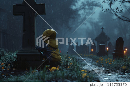 An emotional scene of a sad child sitting alone by a grave in a cemetery, mourning under the pouring rain. 113755570