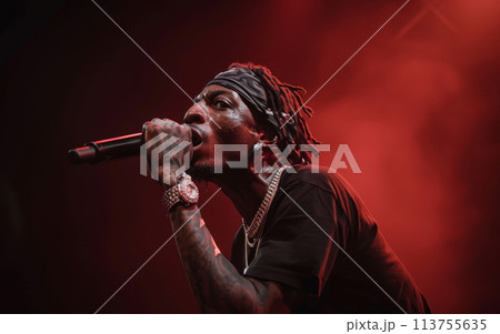 A African American singer of performer singing on stage, illuminated by dramatic red lighting amidst smoke. 113755635