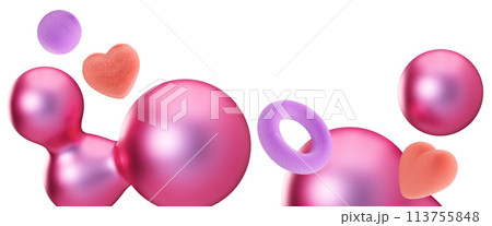 Playful footer with abstract, fluffy and metallic 3D shapes, isolated on white background. Modern border. Pink and purple colors. Y2k style. Girlish design. Bottom of the sheet. Foreground. 3D render. 113755848