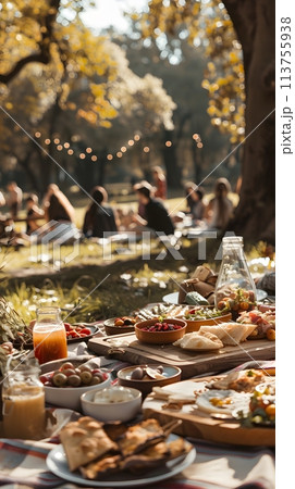 Scenic park picnic gathering with friends, enjoying a relaxed outdoor atmosphere 113755938