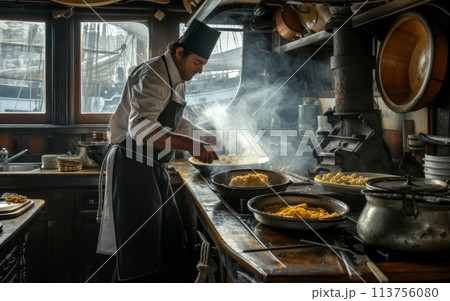 A dedicated cook on a ship skillfully prepares a delicious meal, showcasing the art of maritime cuisine. 113756080