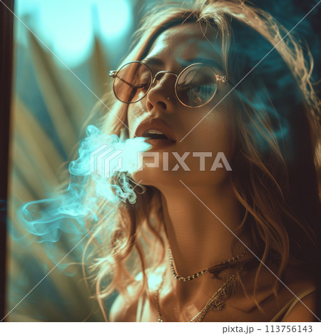 Portrait of a stylish young woman with glasses, elegantly blowing smoke in a moody atmosphere. Portrait of a stylish young woman with glasses, elegantly blowing smoke in a moody atmosphere. 113756143