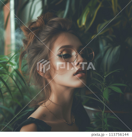 Portrait of a beautiful young woman, peacefully tending to her thriving marijuana plants in a serene, natural setting. Portrait of a beautiful young woman, peacefully tending to her thriving marijuana plants in a serene, natural setting. 113756144
