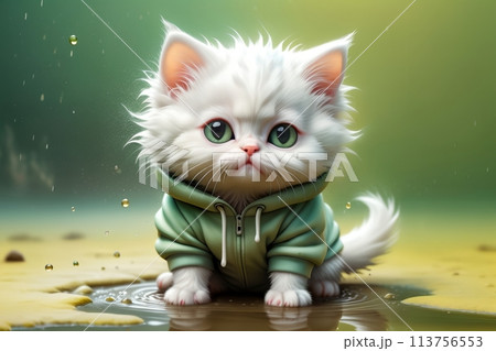 cute cartoon kitten sitting in a dirty puddle, it's raining 113756553