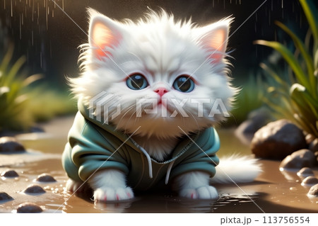 cute cartoon kitten sitting in a dirty puddle, it's raining 113756554