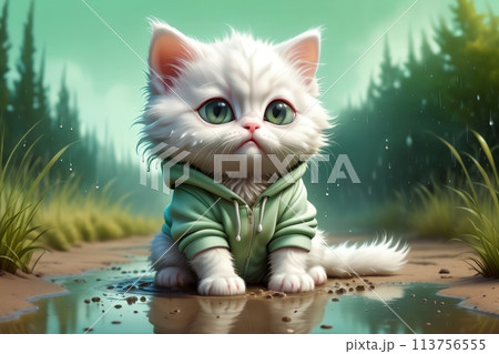 cute cartoon kitten sitting in a dirty puddle, it's raining 113756555