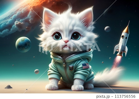 cute white kitten in space, explorer 113756556
