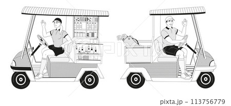 golf buggy car and beverage golf cart with male and female caddy driver 113756779