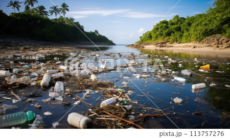 Ecological imbalance reflected in trash-infested coastal areas.AI Generated 113757276