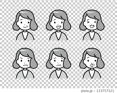 色々な表情の女性のモノクロイラスト 113757321