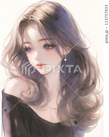 手描きイラスト 水彩原画 ロングヘアの女の子316 叶の透明水彩イラスト