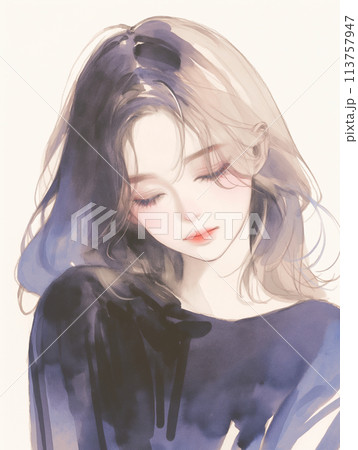 綺麗なロングヘアーのお姉さんのイラスト　水彩画風「AI生成画像」 113757947