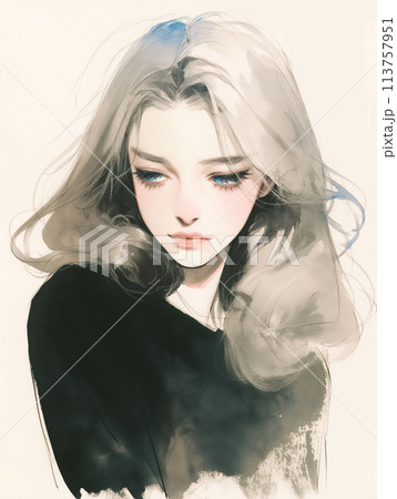 綺麗なロングヘアーのお姉さんのイラスト　水彩画風「AI生成画像」 113757951