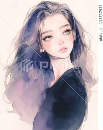 綺麗なロングヘアーのお姉さんのイラスト　水彩画風「AI生成画像」 113757952