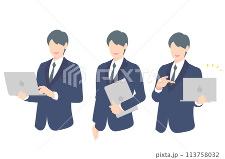 PCを操作、PCを携帯、指をさすビジネスパーソン上半身 113758032