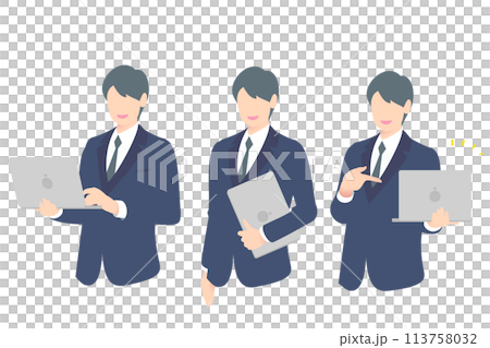 PCを操作、PCを携帯、指をさすビジネスパーソン上半身 113758032