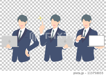 PCを持ちながら、ひらめき、PC画面を見せて説明をするビジネスパーソン上半身 113758033