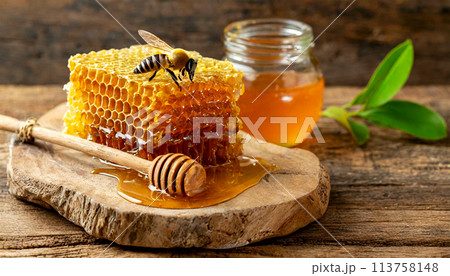 Close-up of a Fresh Honeycomb with a Bee and Liquid Honey - Generative Ai 113758148