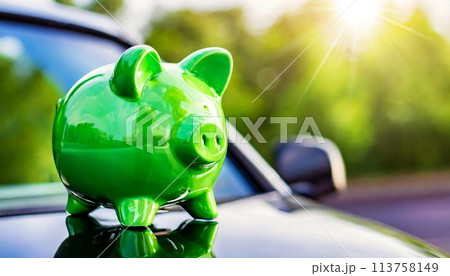 Close-up of a Green Piggy Bank on Top of a Car Bonnet - Generative Ai 113758149