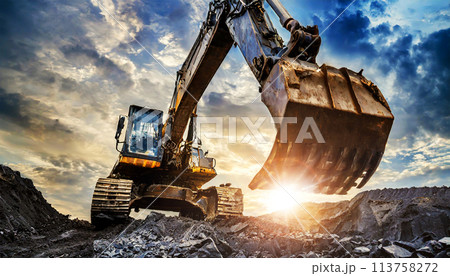 Large Excavator in a Coal Mine with Dramatic Sky at Sunset - Generative Ai 113758272