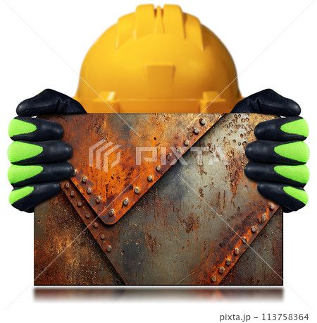 Manual Worker with Protective Work Gloves Holding a Rusty Metal Sheet - Generative Ai 113758364